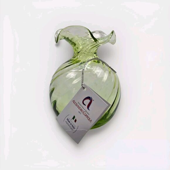 Alessandro Coppola Green Murano Scalloped Rim Glass Vase - Made In Italy - Picture 2 of 12